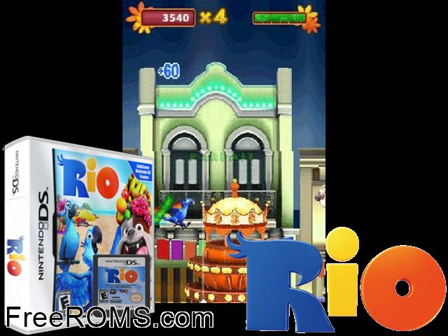 Rio Europe NDS game showing 3D box cover and gameplay screenshot