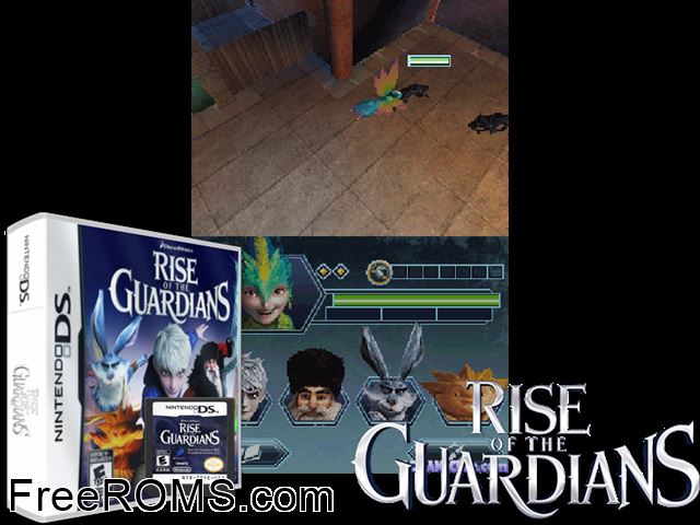 Rise of the Guardians Europe NDS game showing 3D box cover and gameplay screenshot