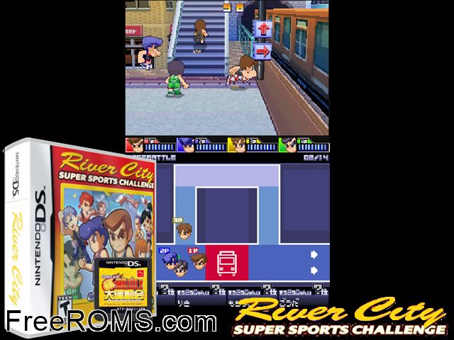 River City - Super Sports Challenge NDS game showing 3D box cover and gameplay screenshot