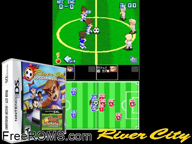 River City Soccer Hooligans NDS game showing 3D box cover and gameplay screenshot