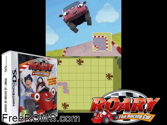 Roary the Racing Car Europe NDS game showing 3D box cover and gameplay screenshot