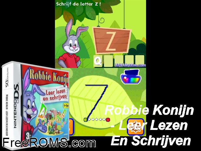Robbie Konijn - Leren Lezen en Schrijven - 5-8 Jaar Netherlands NDS game showing 3D box cover and gameplay screenshot