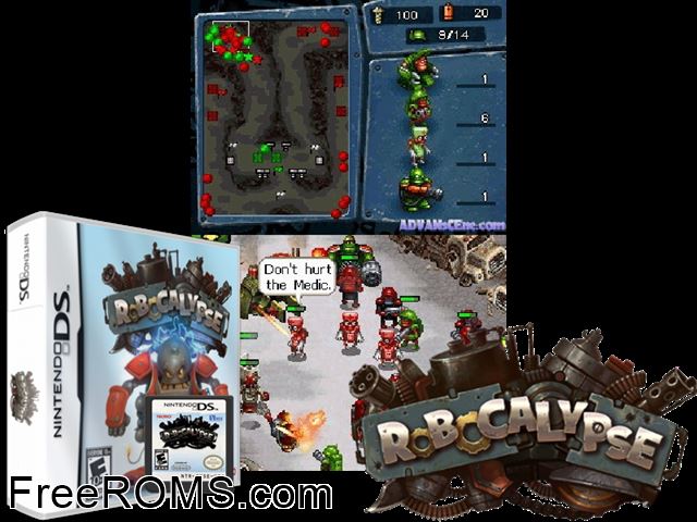 Robocalypse NDS game showing 3D box cover and gameplay screenshot