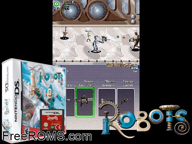 Robots NDS game showing 3D box cover and gameplay screenshot