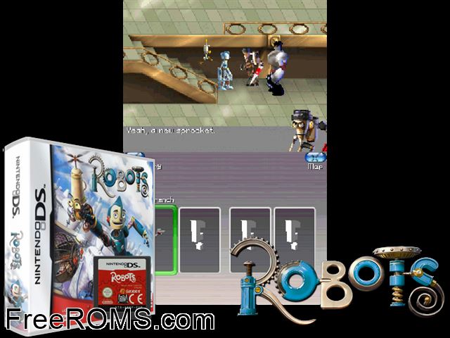 Robots Europe NDS game showing 3D box cover and gameplay screenshot