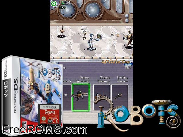 Robots Japan NDS game showing 3D box cover and gameplay screenshot