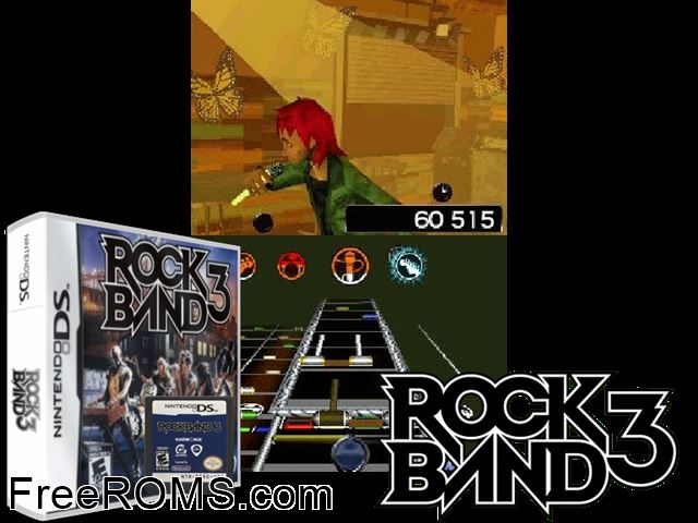 Rock Band 3 NDS game showing 3D box cover and gameplay screenshot