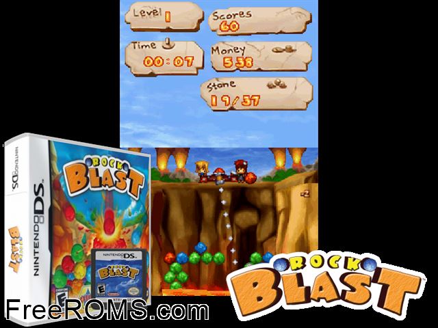 Rock Blast NDS game showing 3D box cover and gameplay screenshot