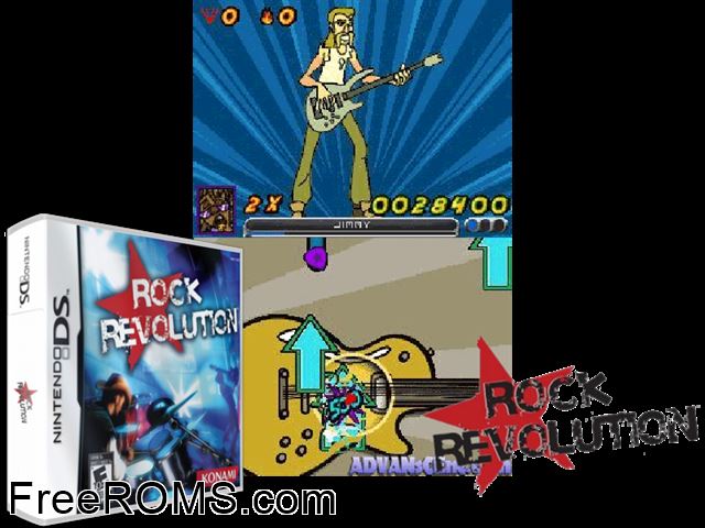Rock Revolution NDS game showing 3D box cover and gameplay screenshot
