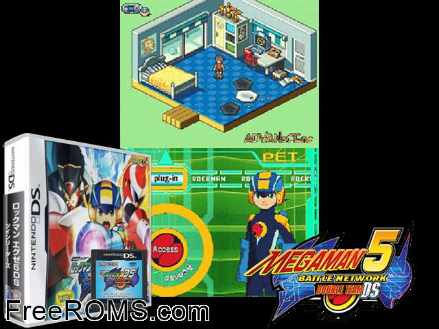 RockMan EXE 5 DS - Twin Leaders Japan NDS game showing 3D box cover and gameplay screenshot