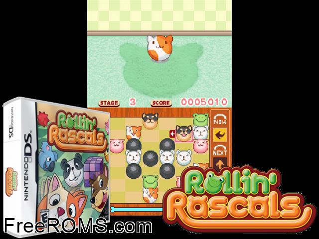 Rollin Rascals NDS game showing 3D box cover and gameplay screenshot