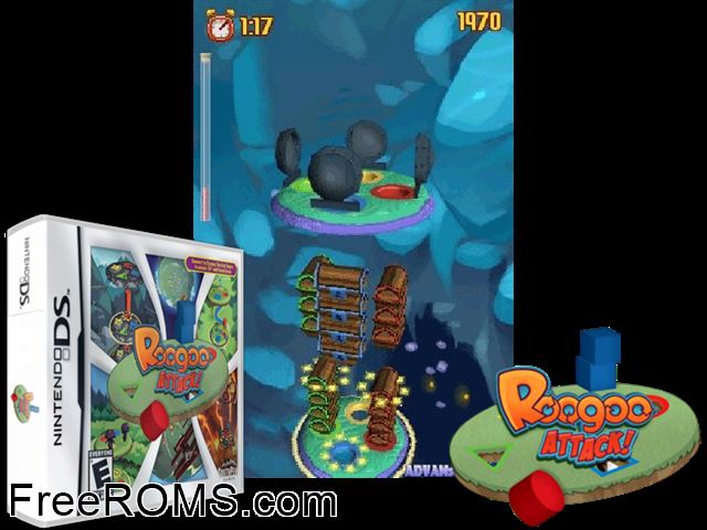 Roogoo Attack! NDS game showing 3D box cover and gameplay screenshot