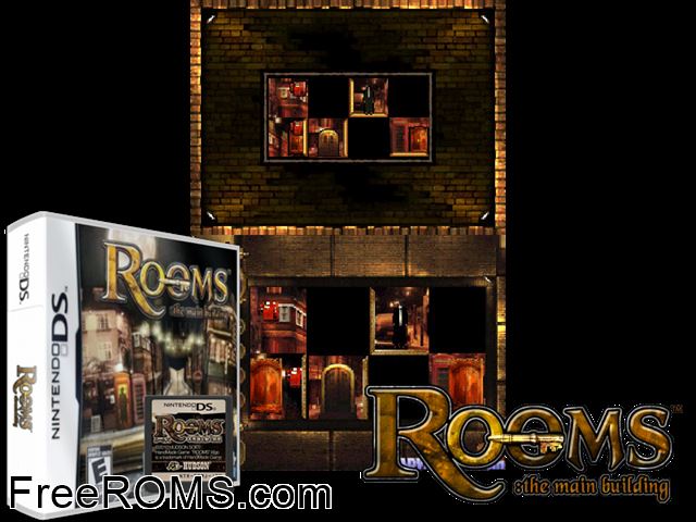 Rooms - The Main Building NDS game showing 3D box cover and gameplay screenshot