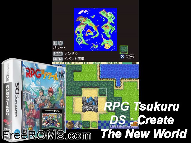 RPG Tsukuru DS- - Create the New World NDS game showing 3D box cover and gameplay screenshot