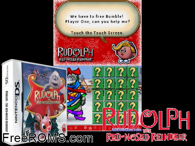 Rudolph the Red-Nosed Reindeer NDS game showing 3D box cover and gameplay screenshot