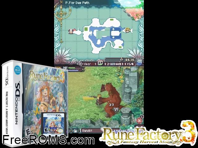 Rune Factory 3 - A Fantasy Harvest Moon Europe NDS game showing 3D box cover and gameplay screenshot