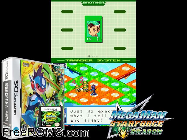 Ryuusei no RockMan - Green Dragon Japan NDS game showing 3D box cover and gameplay screenshot