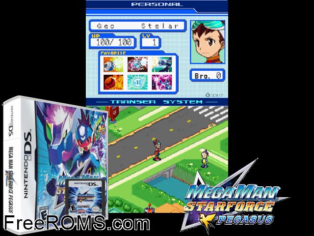 Ryuusei no RockMan - Ice Pegasus Japan NDS game showing 3D box cover and gameplay screenshot