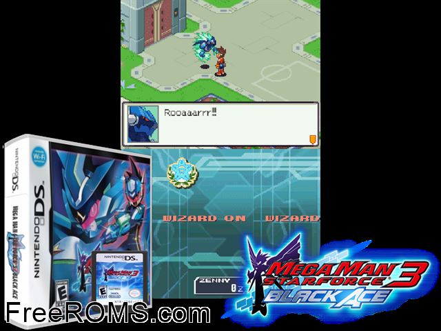 Ryuusei no Rockman 3 - Black Ace Japan NDS game showing 3D box cover and gameplay screenshot
