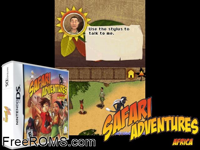 Safari Adventures Africa Europe NDS game showing 3D box cover and gameplay screenshot