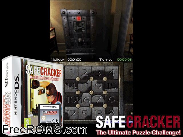 Safecracker - The Ultimate Puzzle Adventure Europe NDS game showing 3D box cover and gameplay screenshot