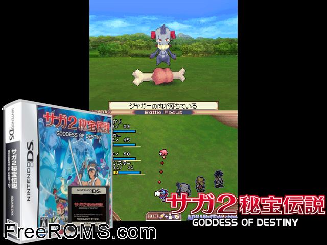 SaGa 2 - Hihou Densetsu - Goddess of Destiny Japan NDS game showing 3D box cover and gameplay screenshot