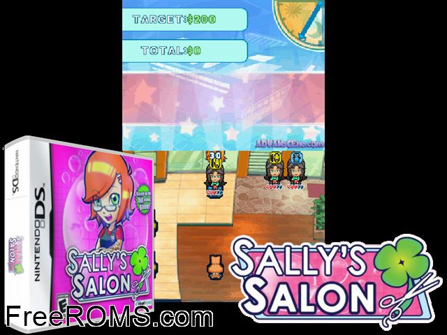 Sallys Salon NDS game showing 3D box cover and gameplay screenshot
