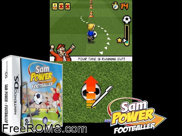 Sam Power - Footballer Europe NDS game showing 3D box cover and gameplay screenshot