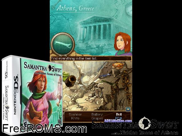 Samantha Swift and the Hidden Roses of Athena NDS game showing 3D box cover and gameplay screenshot