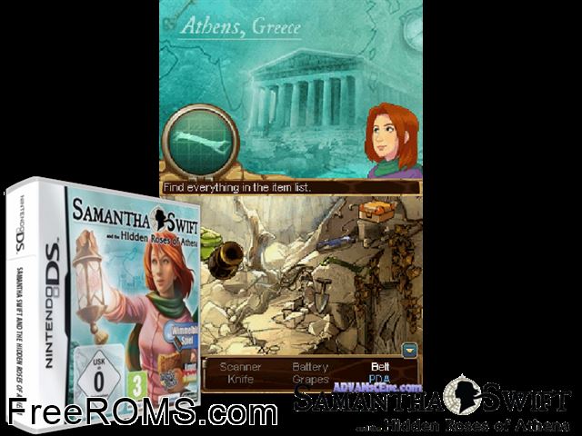 Samantha Swift and the Hidden Roses of Athena Europe NDS game showing 3D box cover and gameplay screenshot