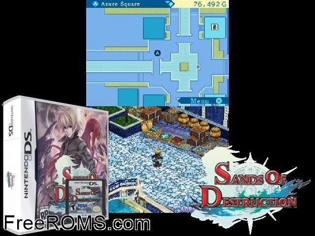 Sands of Destruction NDS game showing 3D box cover and gameplay screenshot