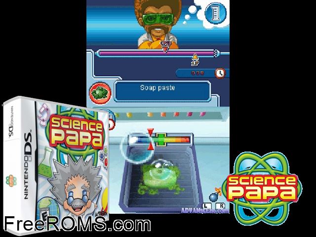 Science Papa NDS game showing 3D box cover and gameplay screenshot