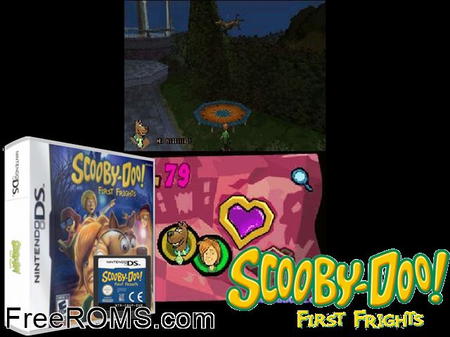 Scooby-Doo! - First Frights NDS game showing 3D box cover and gameplay screenshot