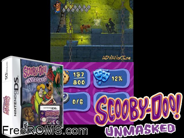 Scooby-Doo! Unmasked NDS game showing 3D box cover and gameplay screenshot