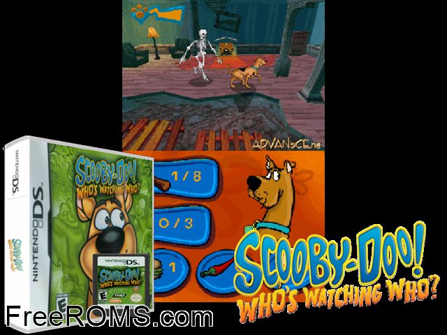 Scooby-Doo! Whos Watching Who NDS game showing 3D box cover and gameplay screenshot