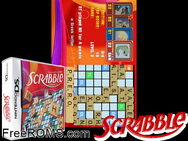 Scrabble - Crossword Game NDS game showing 3D box cover and gameplay screenshot