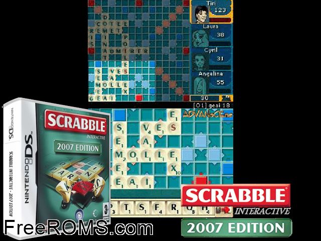 Scrabble Interactive - 2007 Edition Europe NDS game showing 3D box cover and gameplay screenshot