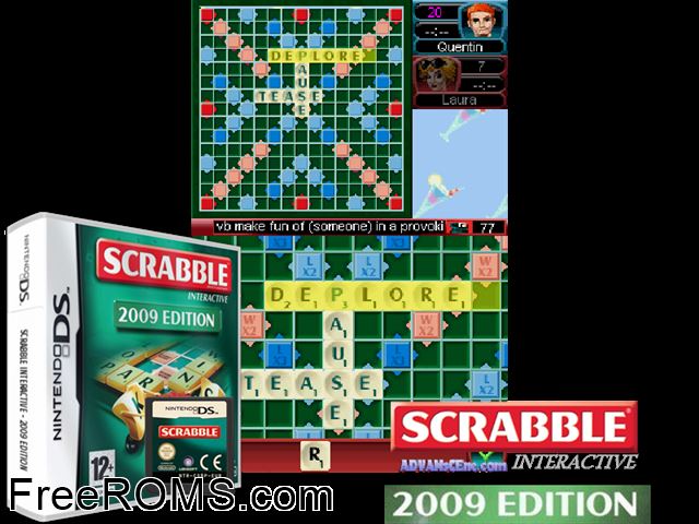 Scrabble Interactive - 2009 Edition Europe NDS game showing 3D box cover and gameplay screenshot