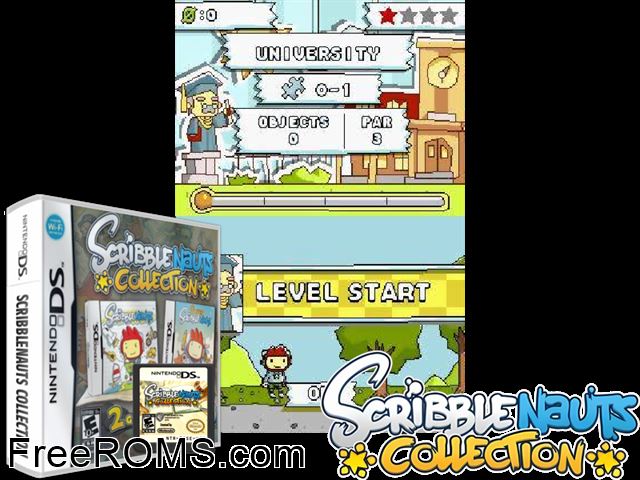 Scribblenauts Collection NDS game showing 3D box cover and gameplay screenshot