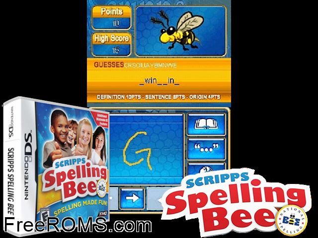 Scripps - Spelling Bee NDS game showing 3D box cover and gameplay screenshot