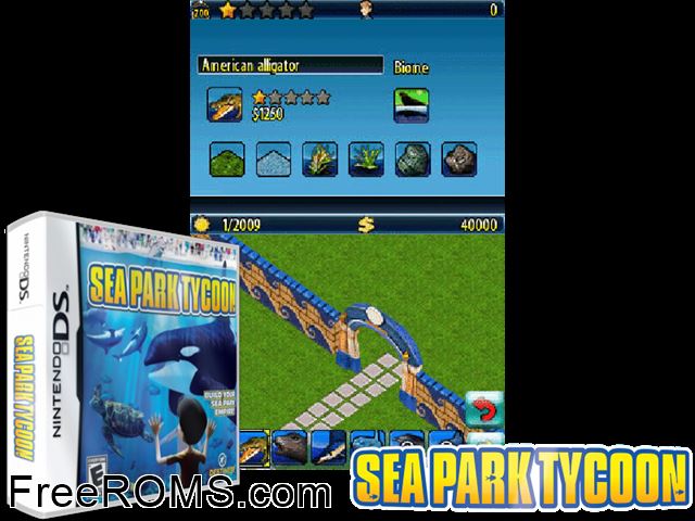 Sea Park Tycoon Europe NDS game showing 3D box cover and gameplay screenshot
