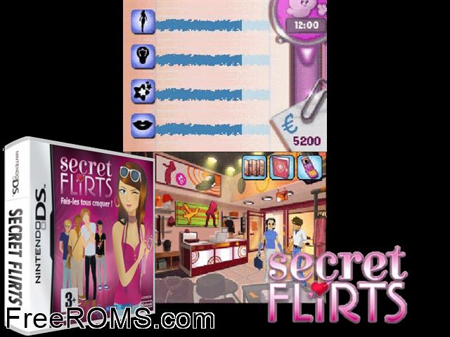 Secret Flirts Europe NDS game showing 3D box cover and gameplay screenshot