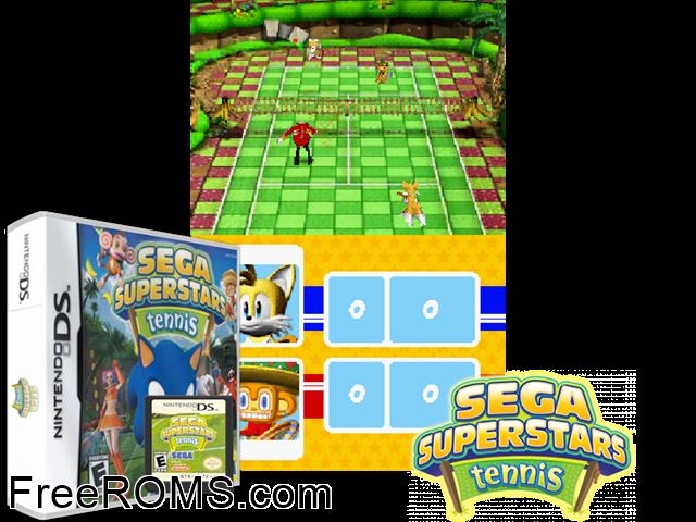 SEGA Superstars Tennis NDS game showing 3D box cover and gameplay screenshot
