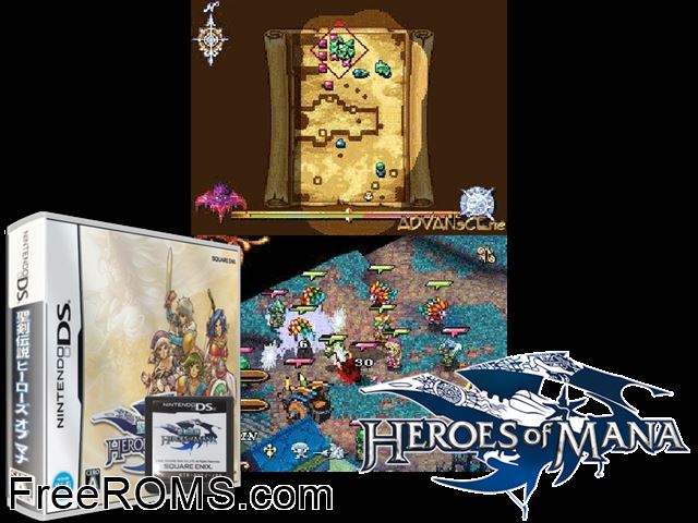 Seiken Densetsu - Heroes of Mana Japan NDS game showing 3D box cover and gameplay screenshot