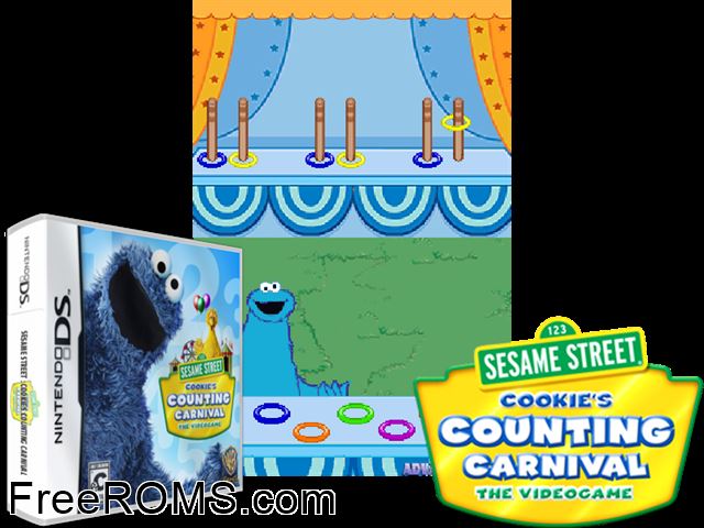 Sesame Street - Cookies Counting Carnival NDS game showing 3D box cover and gameplay screenshot