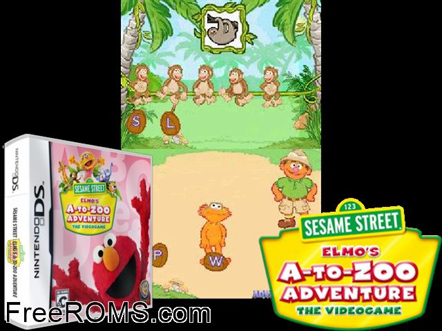 Sesame Street - Elmos A-to-Zoo Adventure NDS game showing 3D box cover and gameplay screenshot