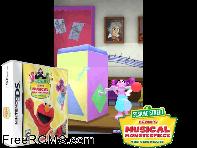 Sesame Street - Elmos Musical Monsterpiece NDS game showing 3D box cover and gameplay screenshot