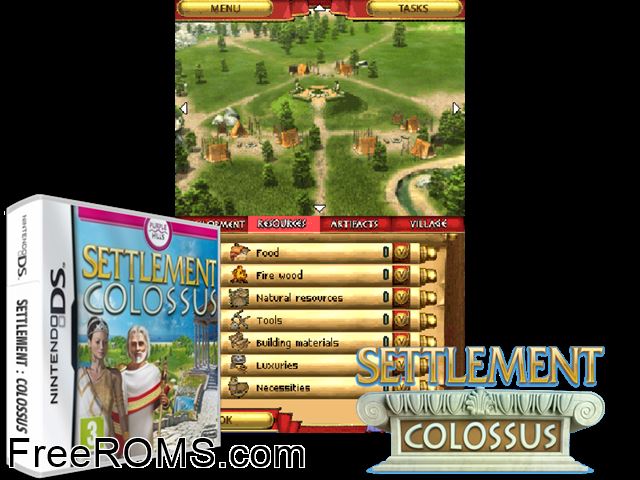 Settlement Colossus Europe NDS game showing 3D box cover and gameplay screenshot