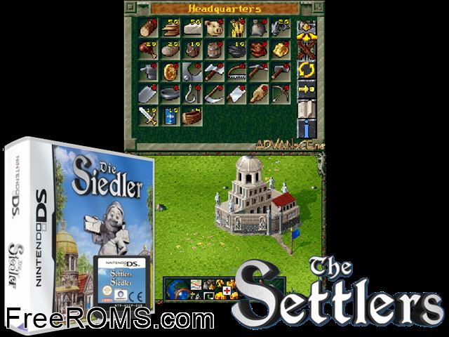 Settlers, The NDS game showing 3D box cover and gameplay screenshot