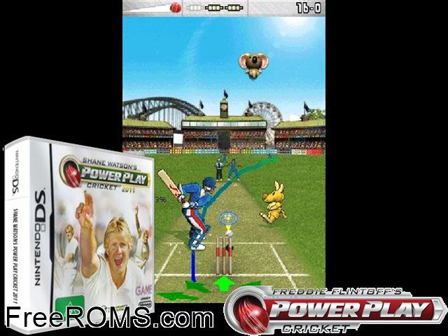 Shane Watsons PowerPlay Cricket 2011 NDS game showing 3D box cover and gameplay screenshot